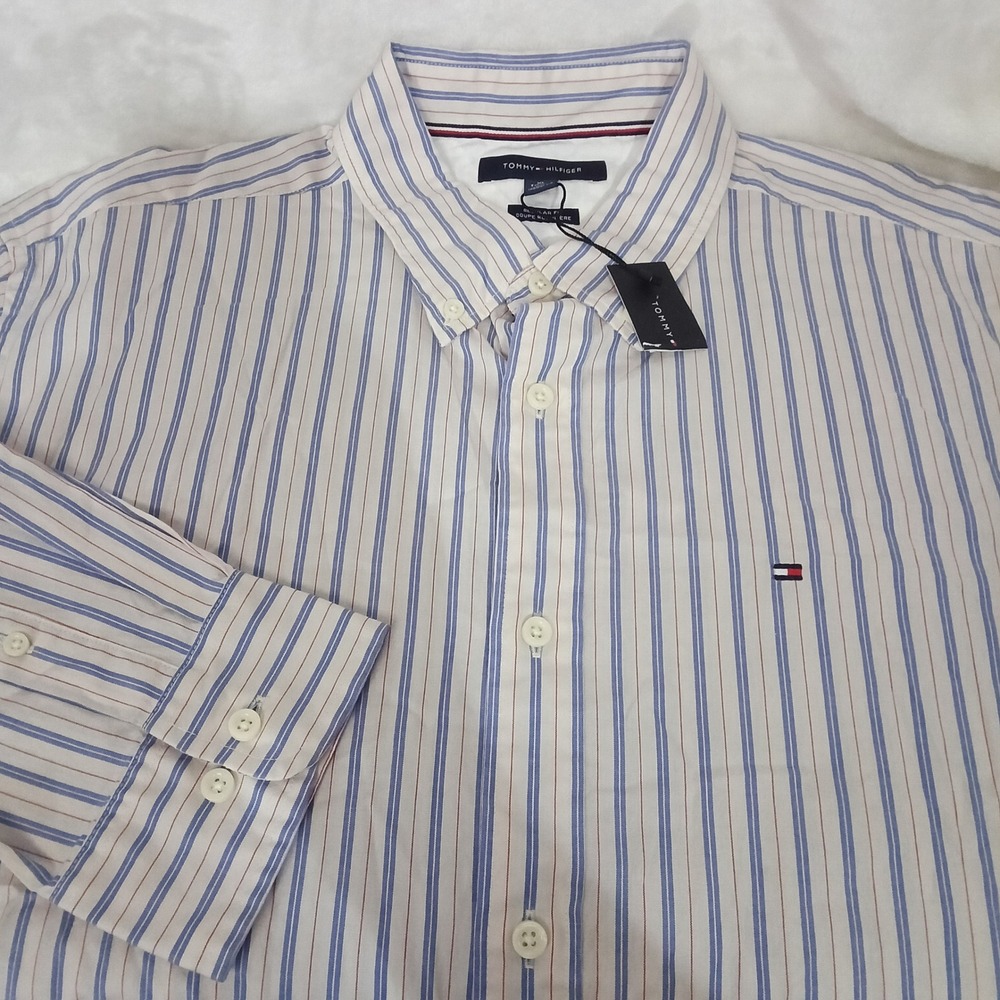 Tommy Hilfiger Mens XL Regular Fit Striped Long Sleeve Button Down Shirt Blue